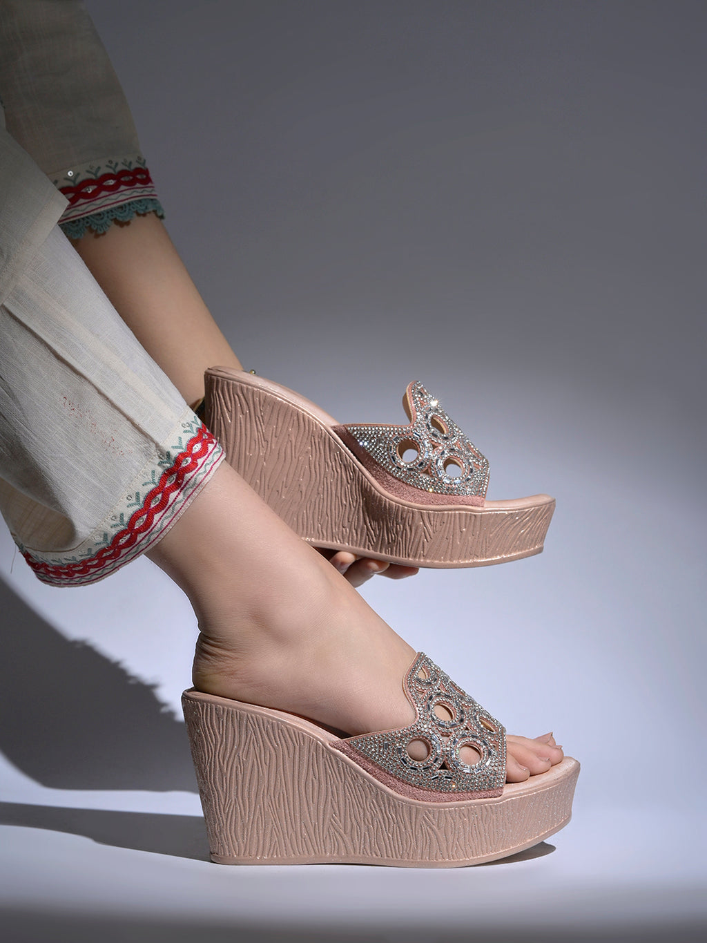 Elegant Shimmer Embellished Wedge Sandals – Champagne Rose-Gold For Women & Girls