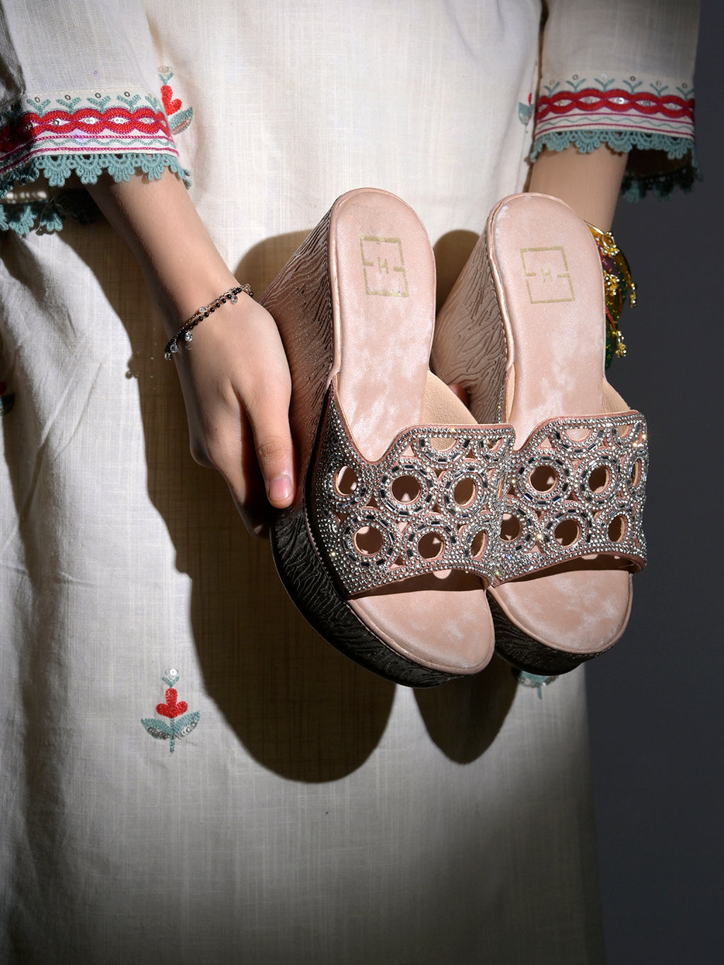 Elegant Shimmer Embellished Wedge Sandals – Champagne Rose-Gold For Women & Girls