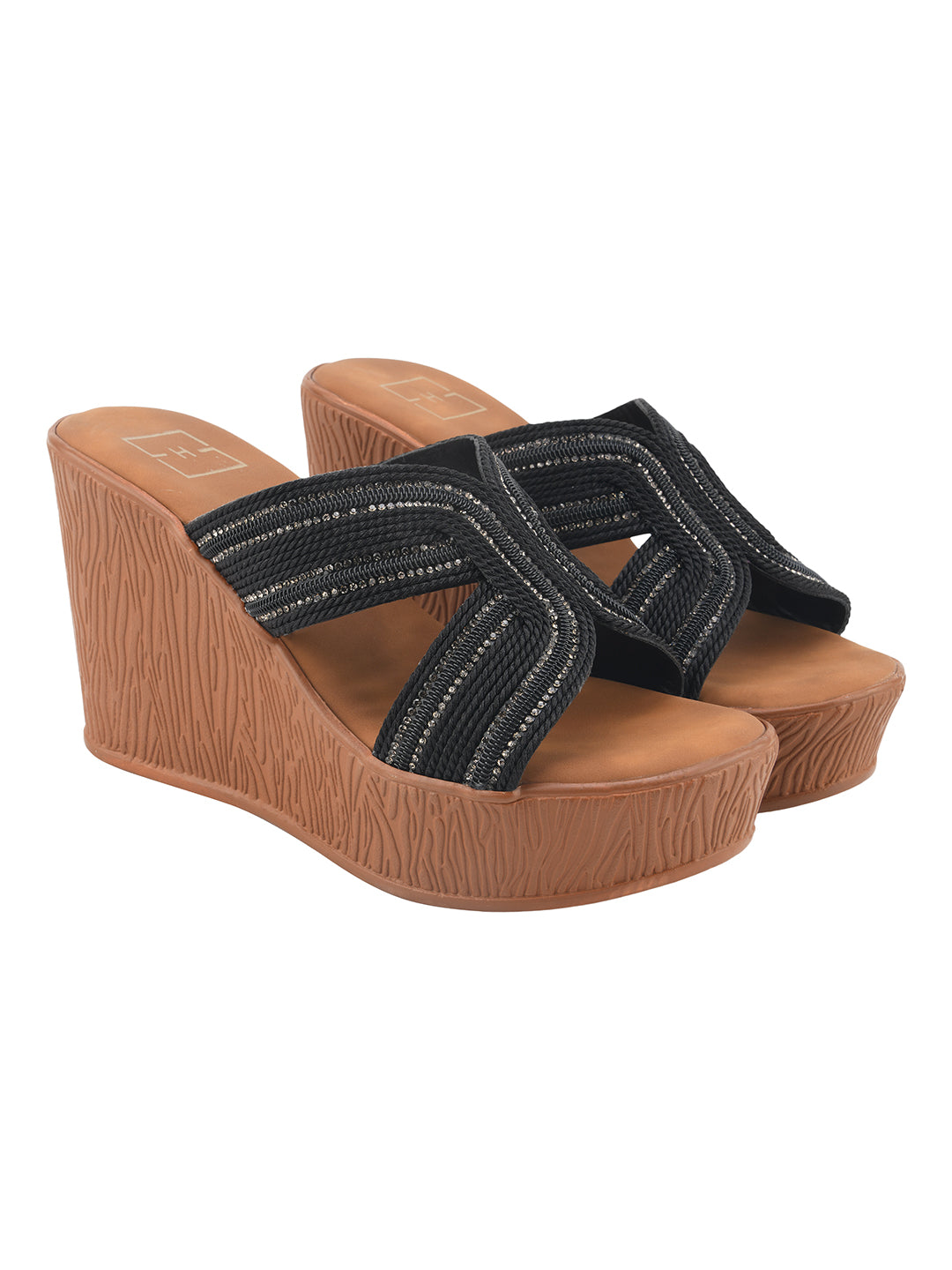 Black Braided Shimmer Cross-Strap Platform Wedge Sandals For Women & Girls