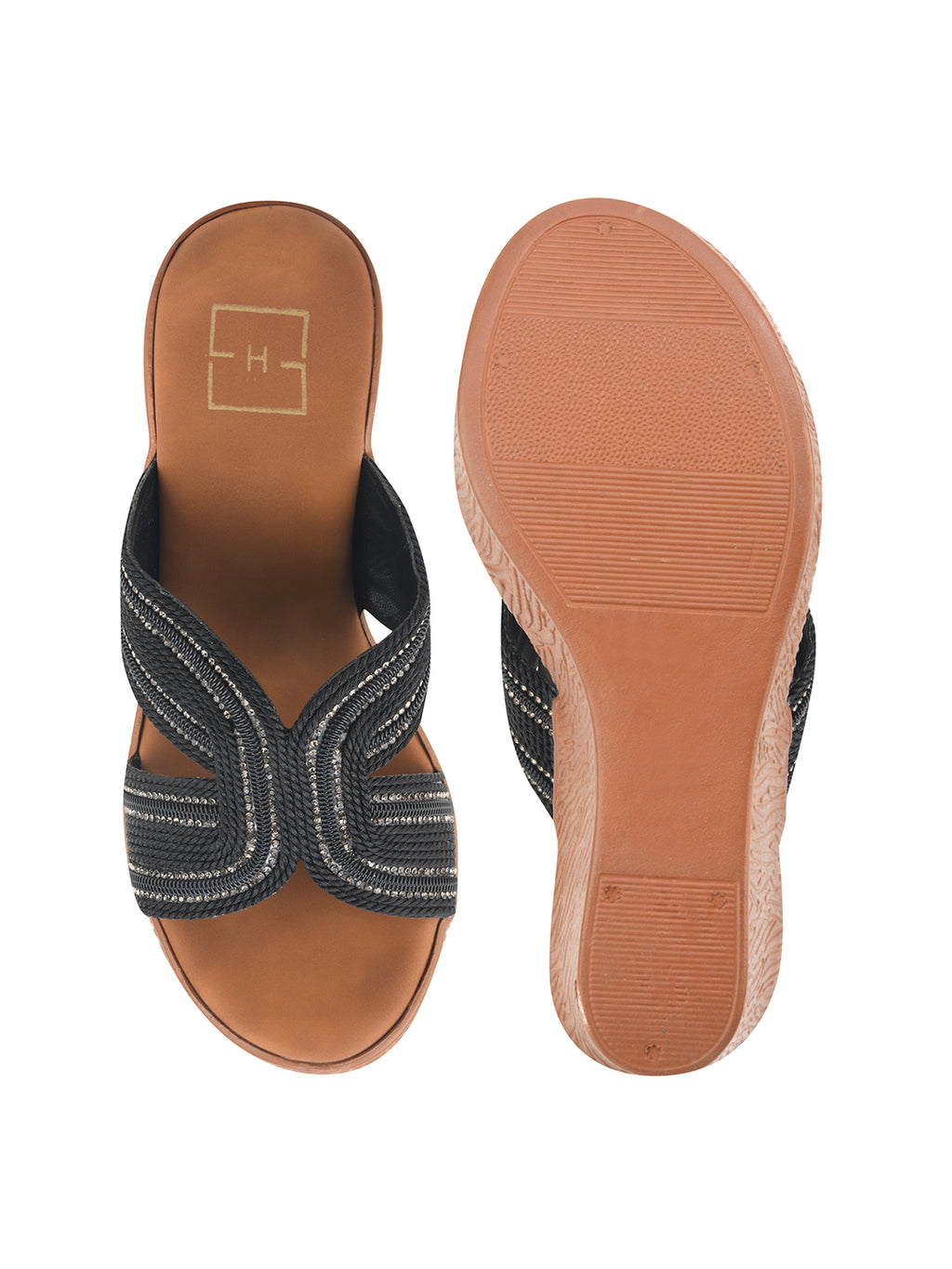 Black Braided Shimmer Cross-Strap Platform Wedge Sandals For Women & Girls