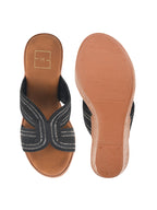Black Braided Shimmer Cross-Strap Platform Wedge Sandals For Women & Girls