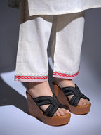 Black Braided Shimmer Cross-Strap Platform Wedge Sandals For Women & Girls