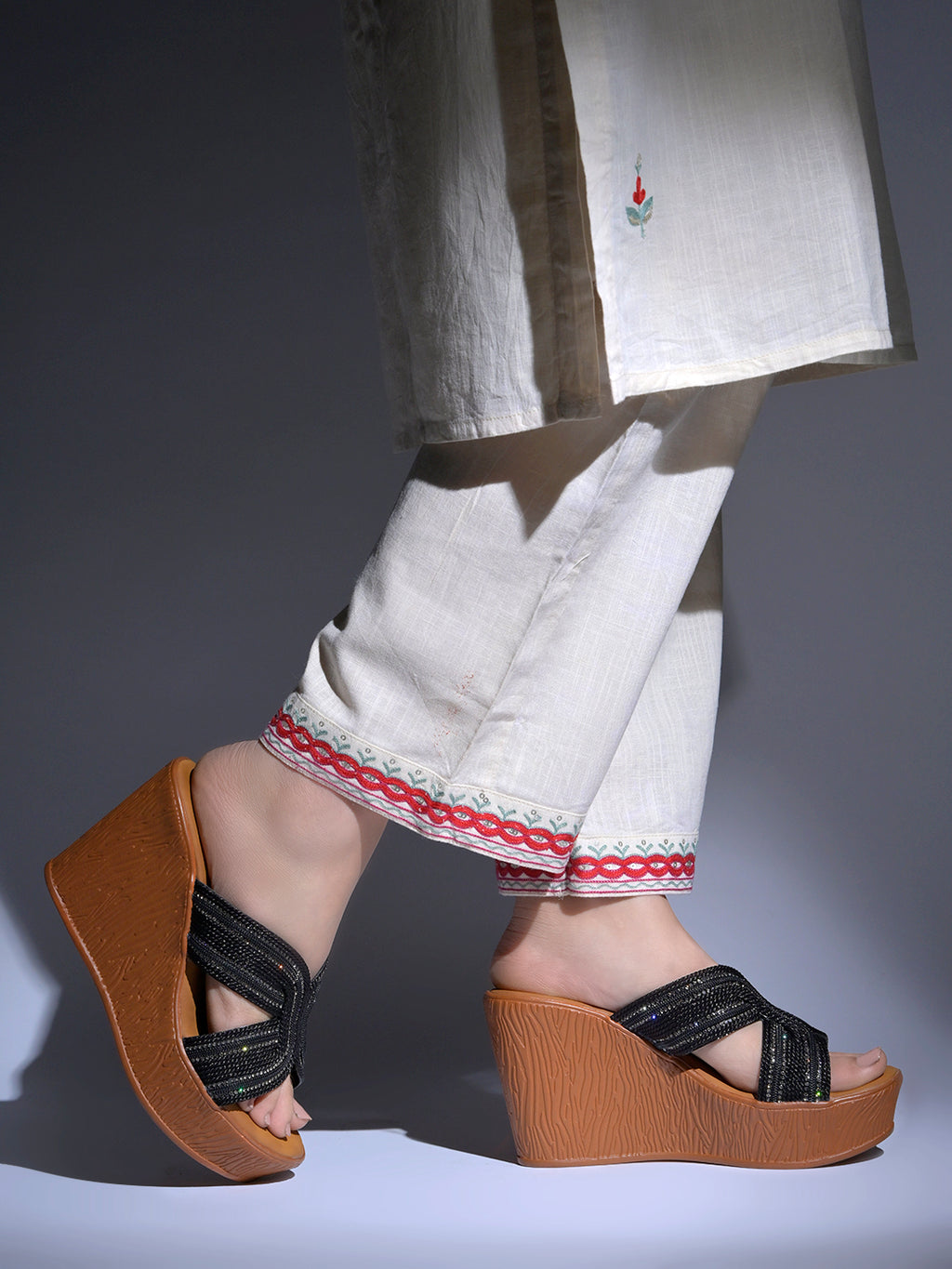 Black Braided Shimmer Cross-Strap Platform Wedge Sandals For Women & Girls