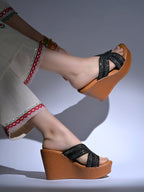 Black Braided Shimmer Cross-Strap Platform Wedge Sandals For Women & Girls