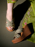 Golden Braided Shimmer Cross-Strap Platform Wedge Sandals For Women & Girls