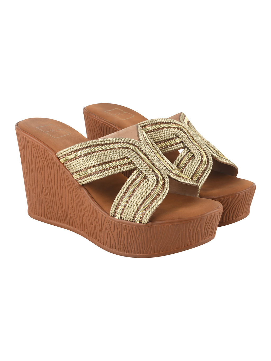 Golden Braided Shimmer Cross-Strap Platform Wedge Sandals For Women & Girls