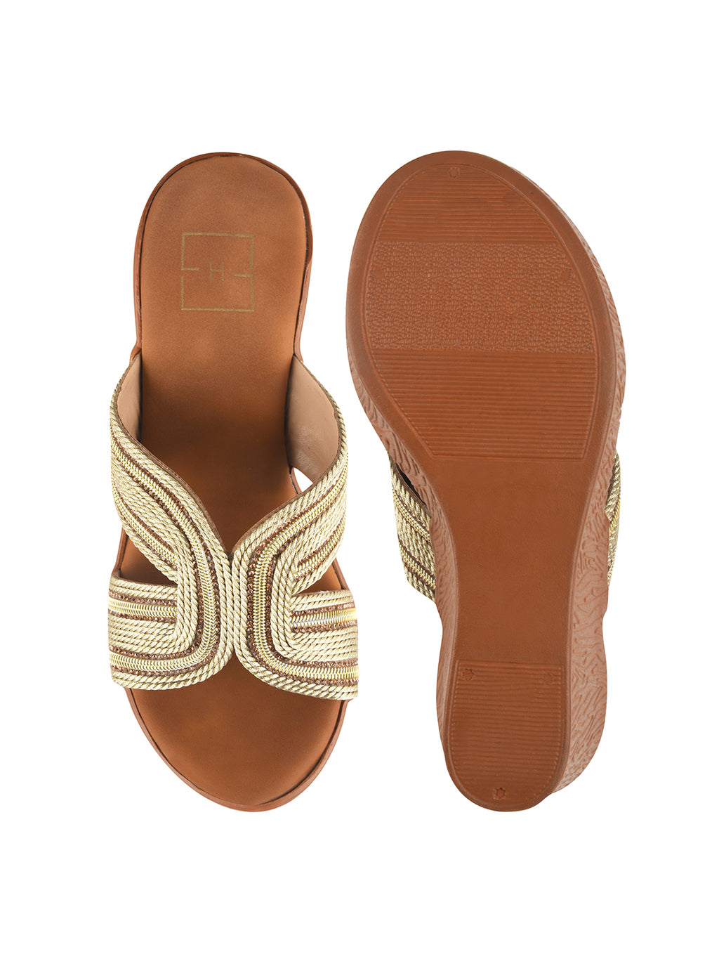 Golden Braided Shimmer Cross-Strap Platform Wedge Sandals For Women & Girls