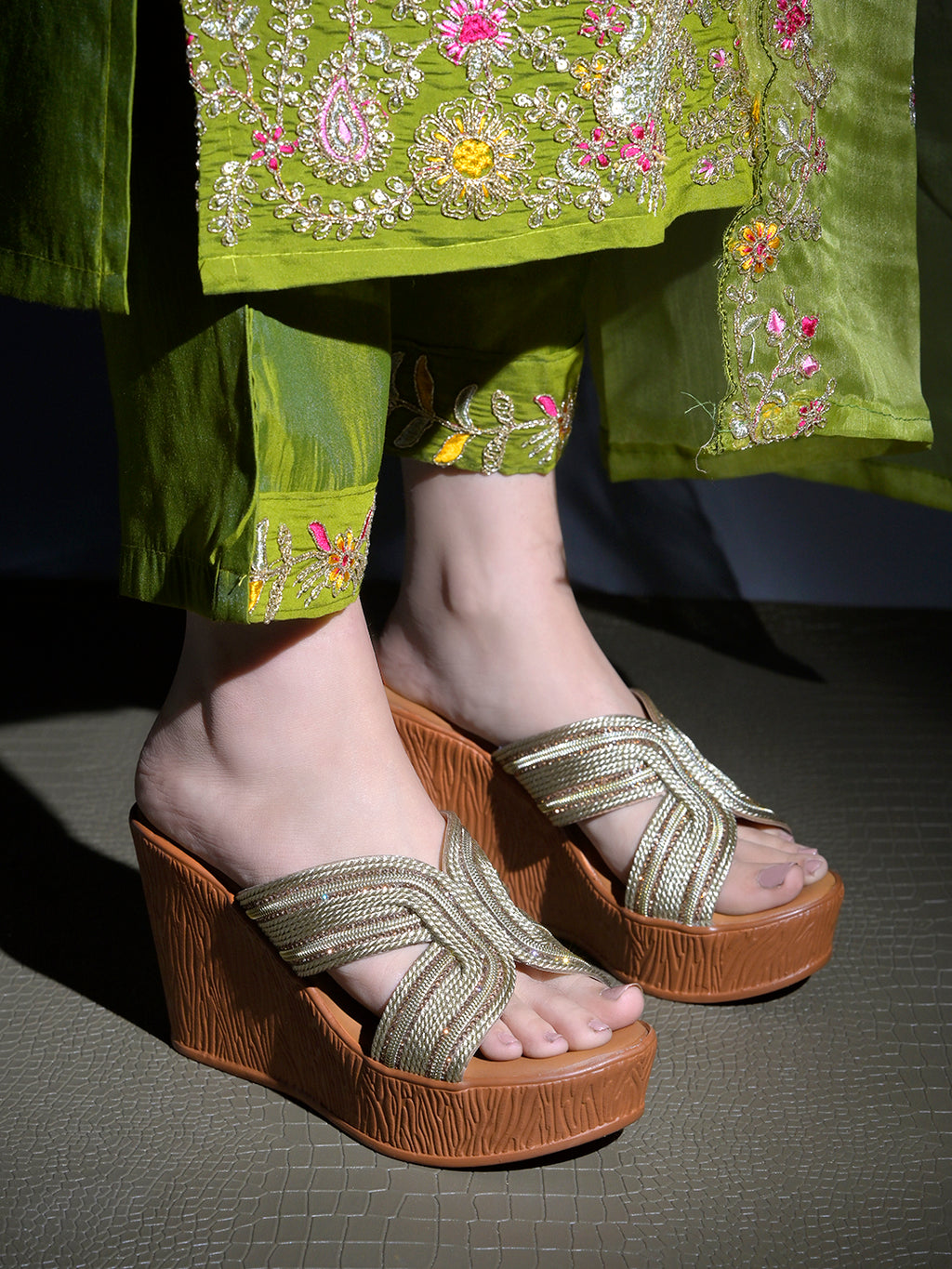 Golden Braided Shimmer Cross-Strap Platform Wedge Sandals For Women & Girls