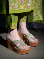 Golden Braided Shimmer Cross-Strap Platform Wedge Sandals For Women & Girls