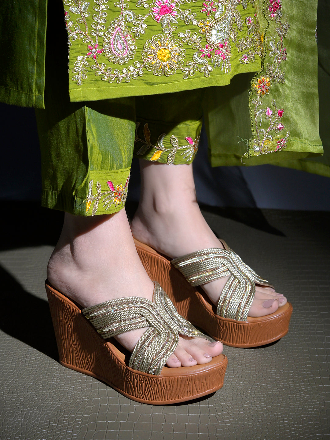 Golden Braided Shimmer Cross-Strap Platform Wedge Sandals For Women & Girls