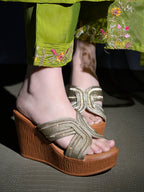 Golden Braided Shimmer Cross-Strap Platform Wedge Sandals For Women & Girls