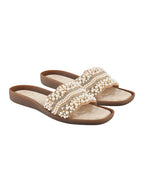 Golden & Crystal Embellished Scalloped Slide Sandals in Champagne