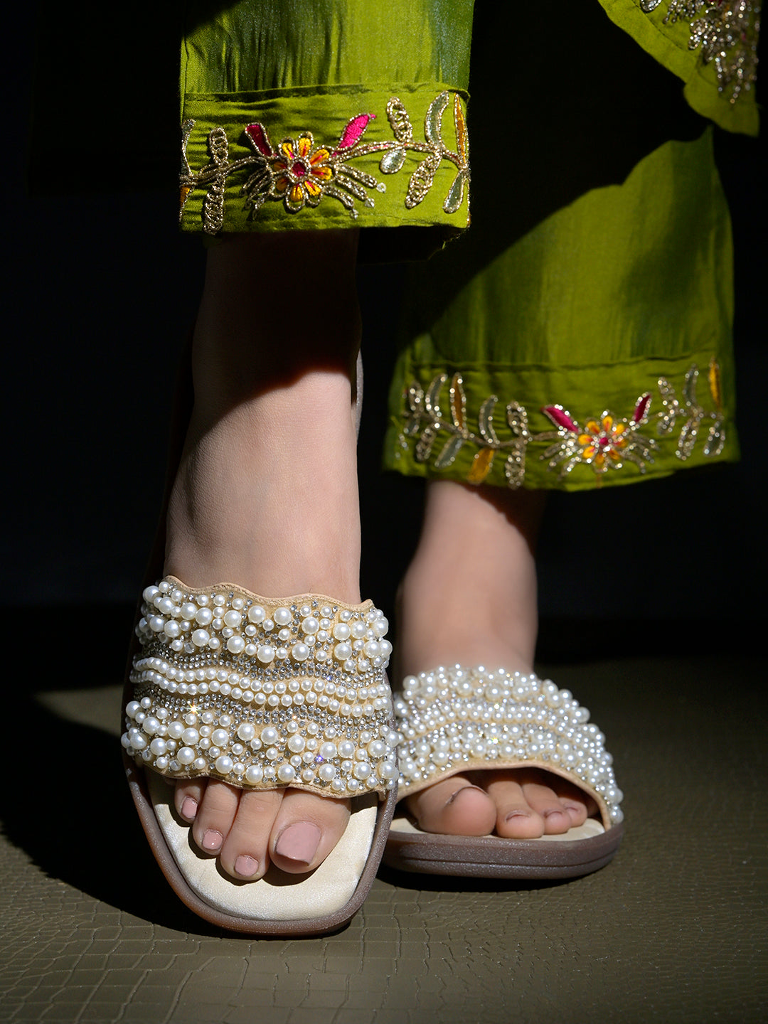 Golden & Crystal Embellished Scalloped Slide Sandals in Champagne