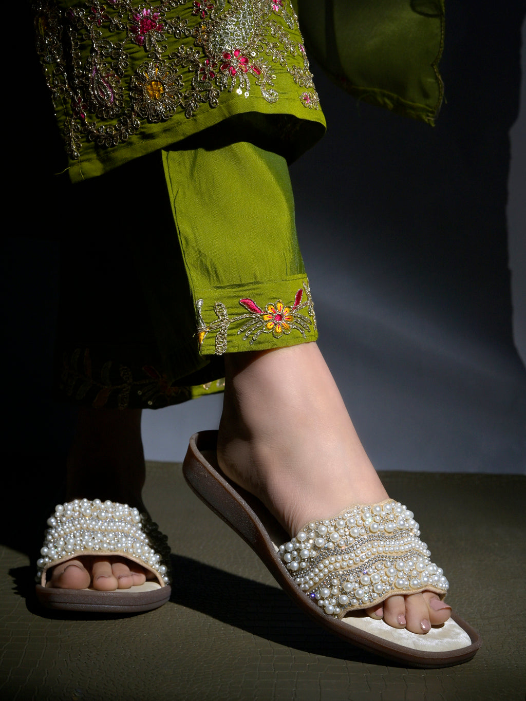 Golden & Crystal Embellished Scalloped Slide Sandals in Champagne