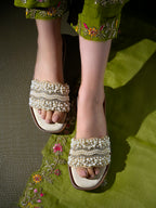 Golden & Crystal Embellished Scalloped Slide Sandals in Champagne