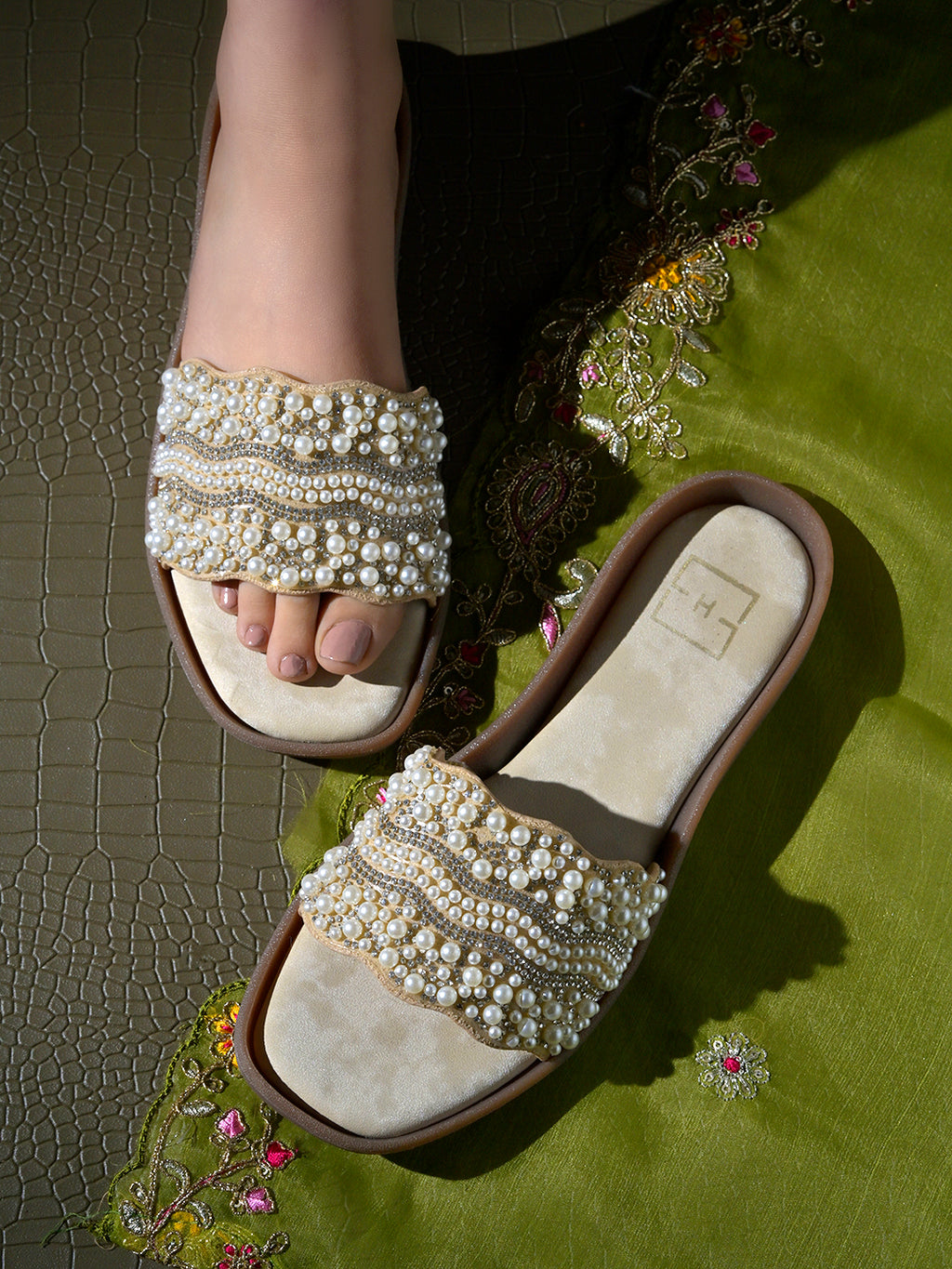 Golden & Crystal Embellished Scalloped Slide Sandals in Champagne