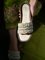 Golden & Crystal Embellished Scalloped Slide Sandals in Champagne
