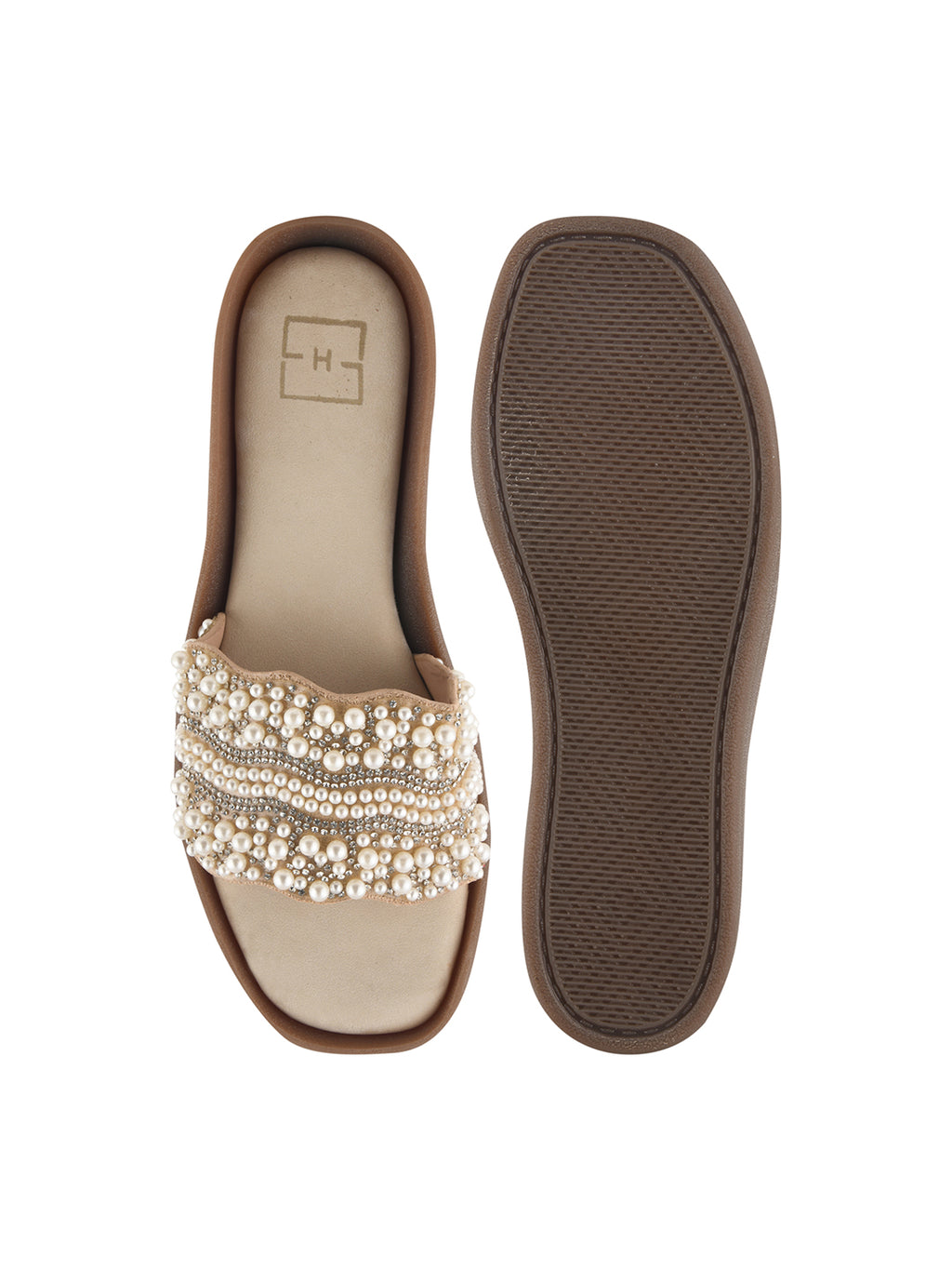 Golden & Crystal Embellished Scalloped Slide Sandals in Champagne