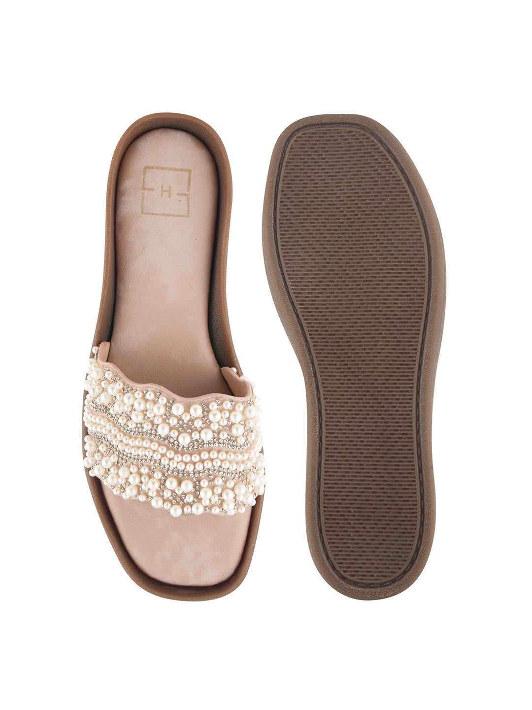 Rose-Gold & Crystal Embellished Scalloped Slide Sandals in Champagne