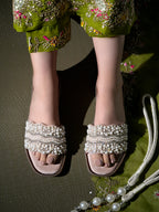 Rose-Gold & Crystal Embellished Scalloped Slide Sandals in Champagne