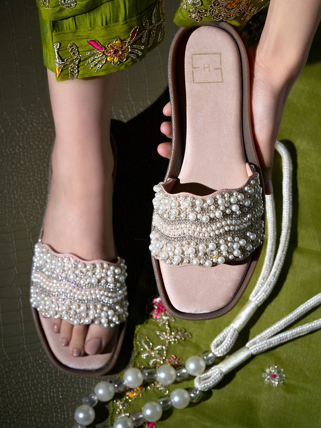 Rose-Gold & Crystal Embellished Scalloped Slide Sandals in Champagne