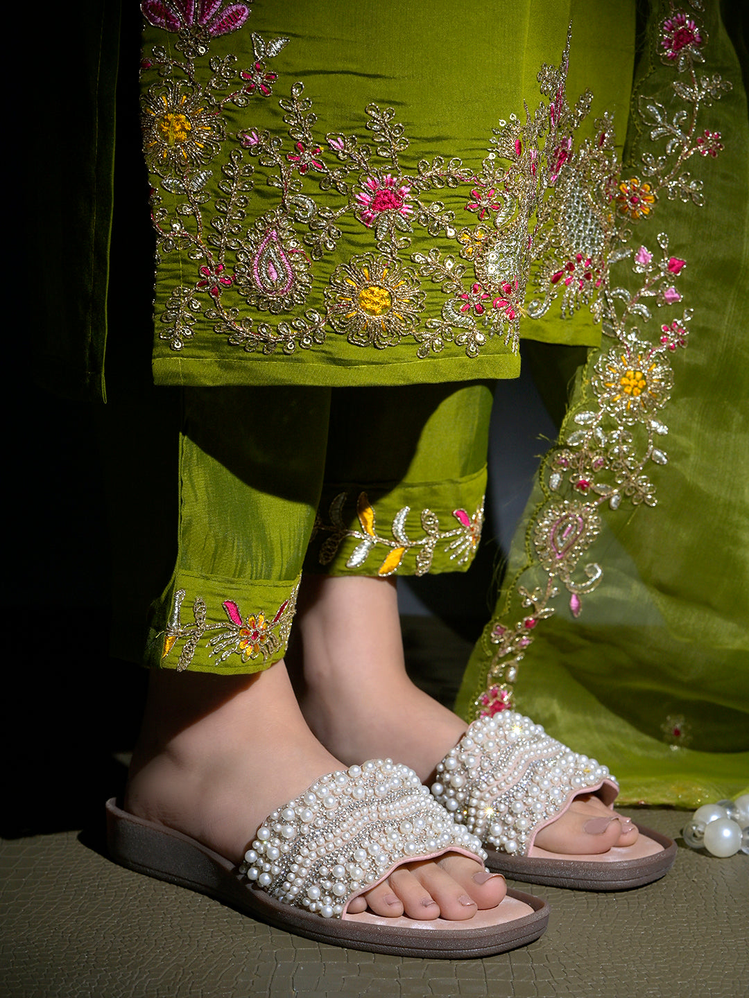 Rose-Gold & Crystal Embellished Scalloped Slide Sandals in Champagne