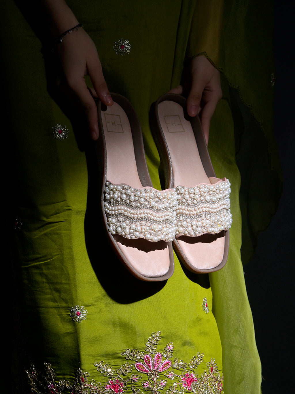 Rose-Gold & Crystal Embellished Scalloped Slide Sandals in Champagne