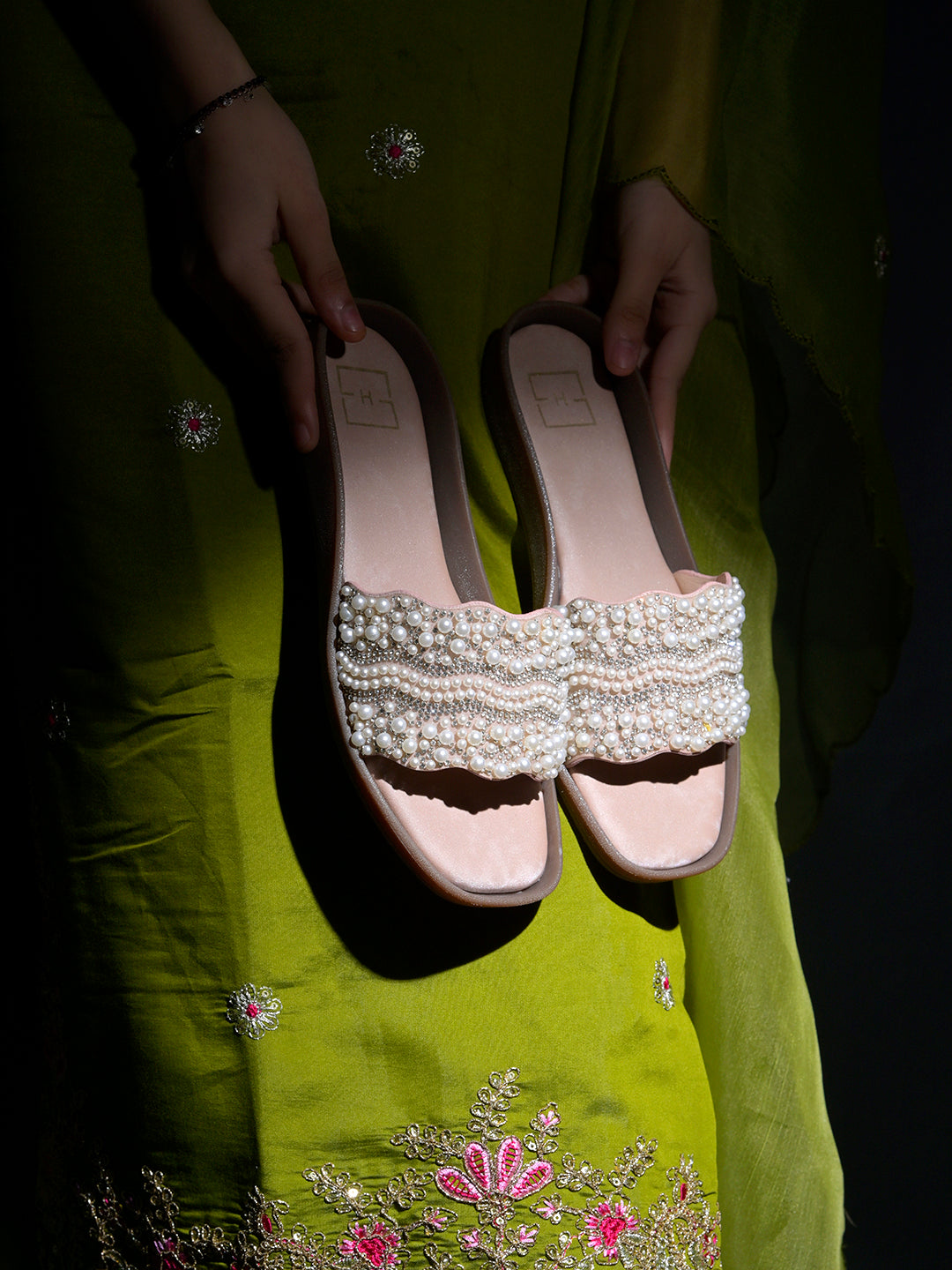 Rose-Gold & Crystal Embellished Scalloped Slide Sandals in Champagne