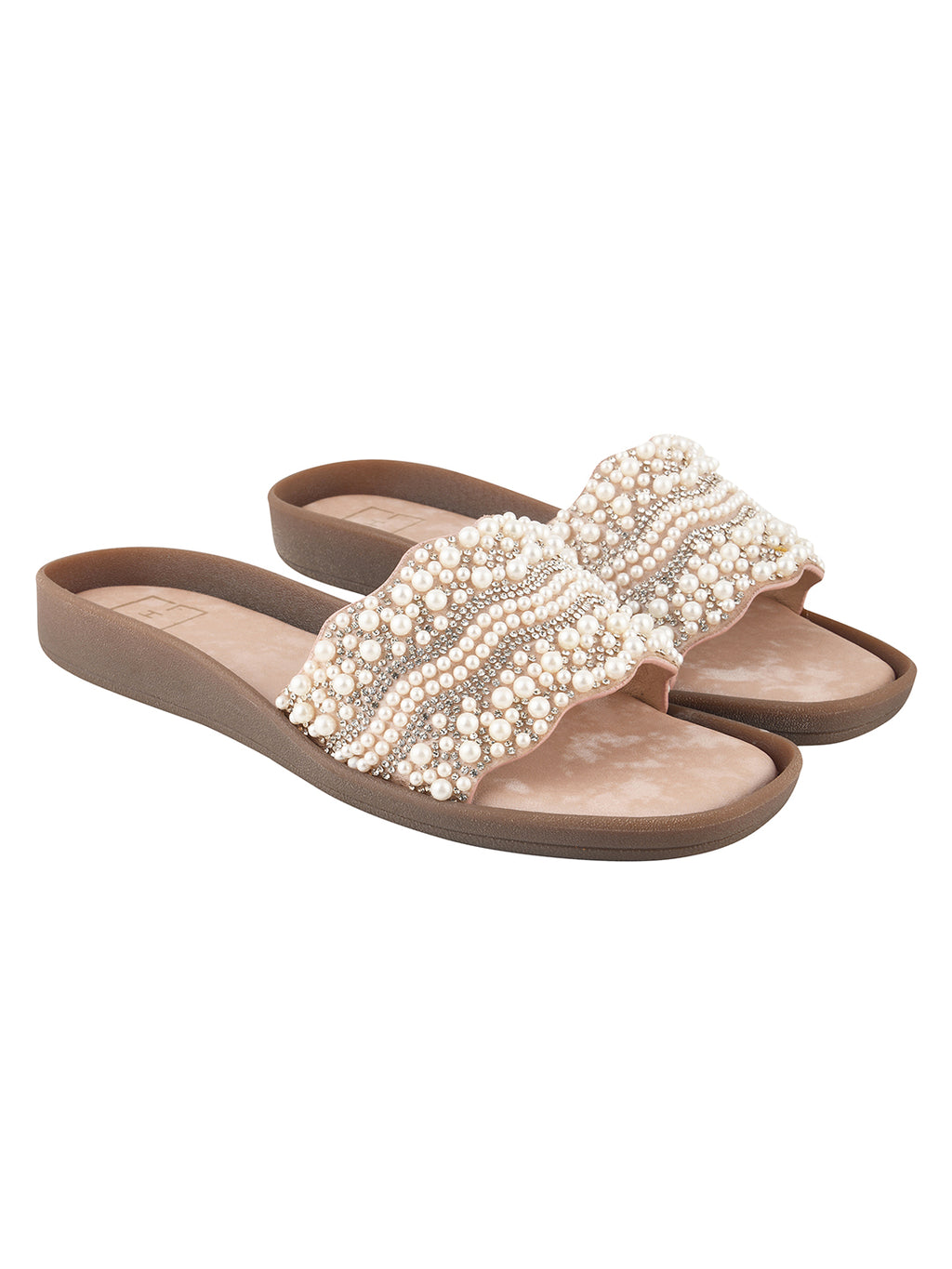 Rose-Gold & Crystal Embellished Scalloped Slide Sandals in Champagne