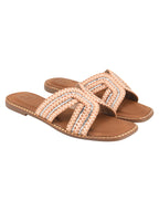Beige Braided Criss-Cross Slides with Crystal Embellishments For Women & Girls