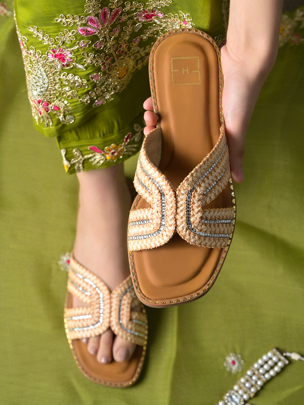 Beige Braided Criss-Cross Slides with Crystal Embellishments For Women & Girls