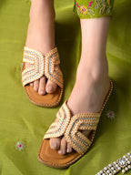 Beige Braided Criss-Cross Slides with Crystal Embellishments For Women & Girls