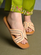 Beige Braided Criss-Cross Slides with Crystal Embellishments For Women & Girls
