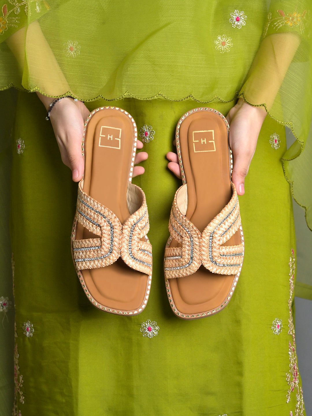 Beige Braided Criss-Cross Slides with Crystal Embellishments For Women & Girls