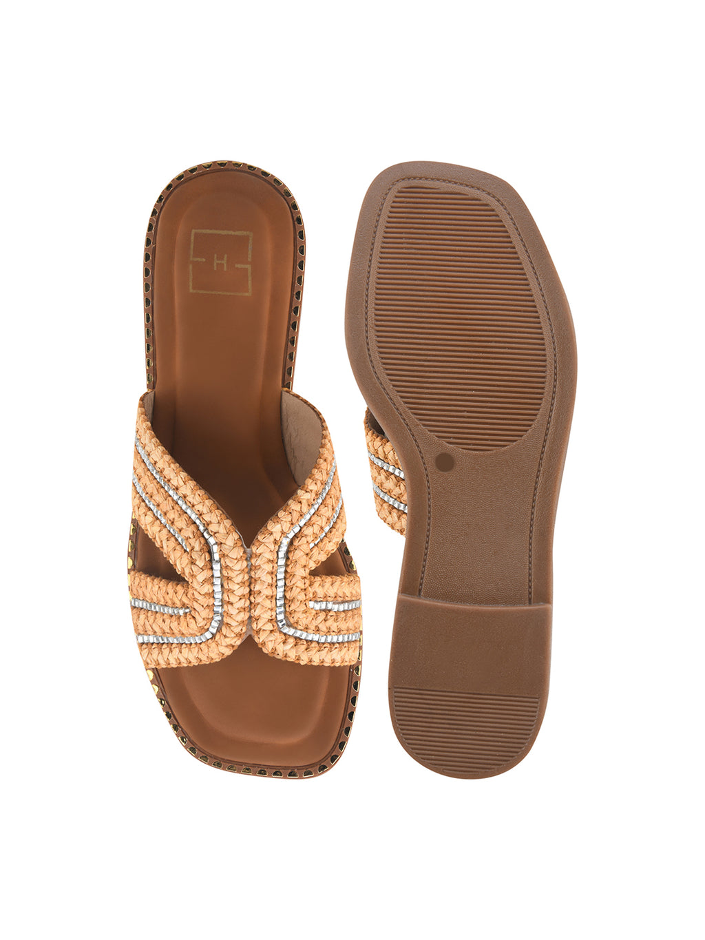 Golden Braided Criss-Cross Slides with Crystal Embellishments For Women & Girls