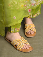 Golden Braided Criss-Cross Slides with Crystal Embellishments For Women & Girls