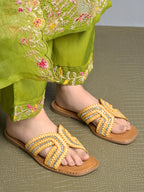 Golden Braided Criss-Cross Slides with Crystal Embellishments For Women & Girls