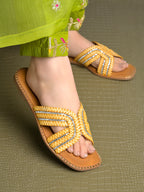 Golden Braided Criss-Cross Slides with Crystal Embellishments For Women & Girls