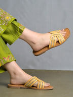 Golden Braided Criss-Cross Slides with Crystal Embellishments For Women & Girls