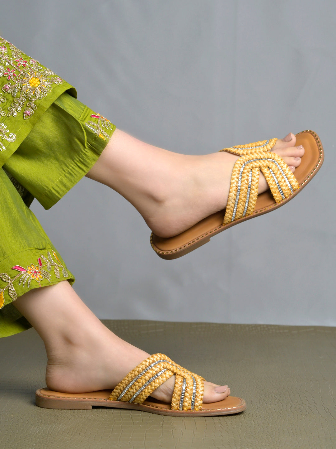 Golden Braided Criss-Cross Slides with Crystal Embellishments For Women & Girls