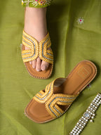 Golden Braided Criss-Cross Slides with Crystal Embellishments For Women & Girls