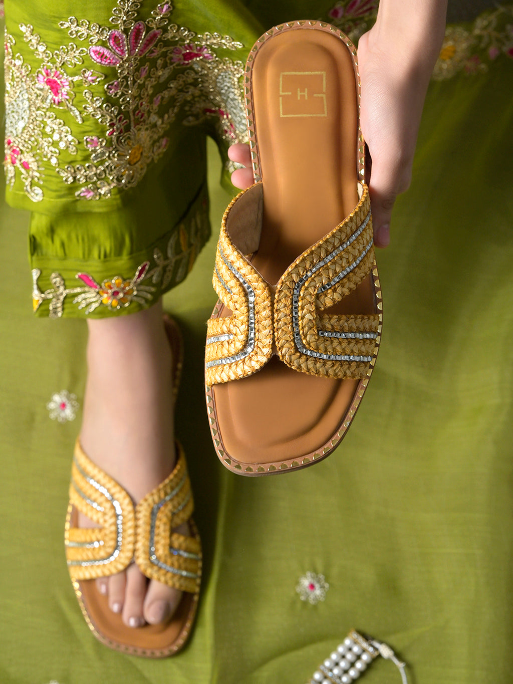 Golden Braided Criss-Cross Slides with Crystal Embellishments For Women & Girls