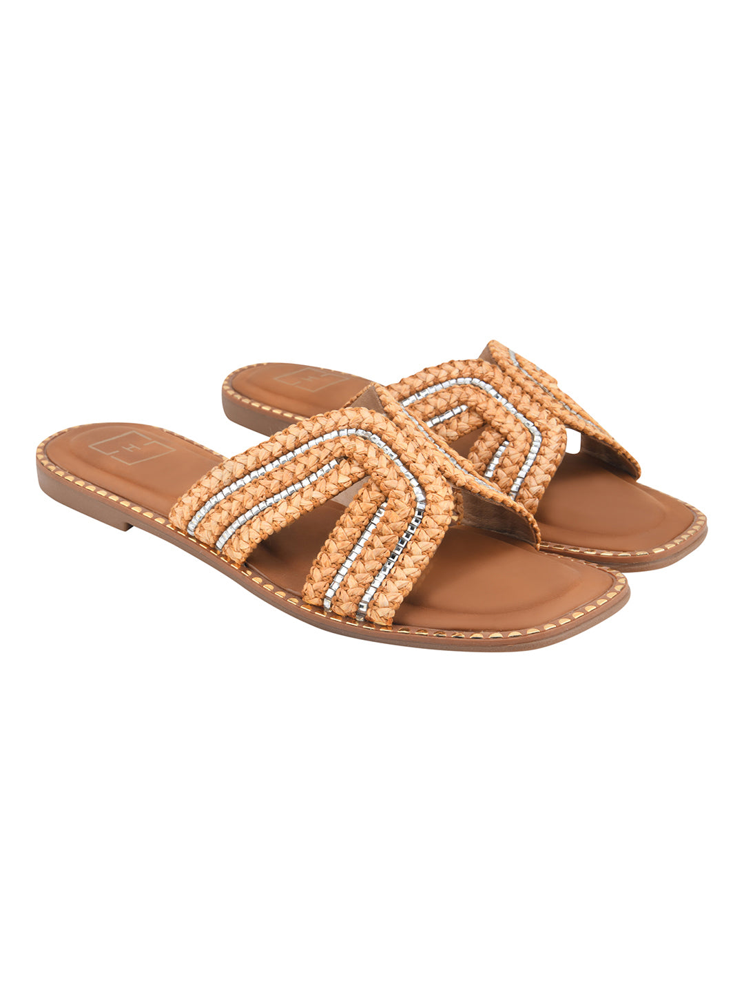 Golden Braided Criss-Cross Slides with Crystal Embellishments For Women & Girls