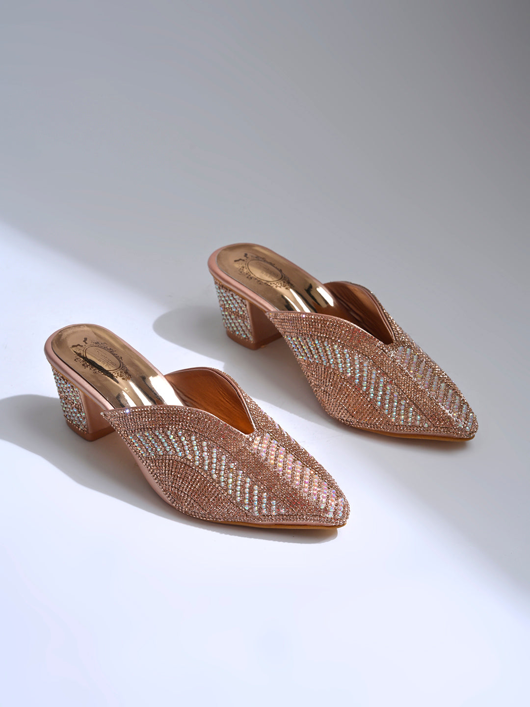 Radiant Rose-Gold Crystal-Encrusted Block Mules For Women & Girls