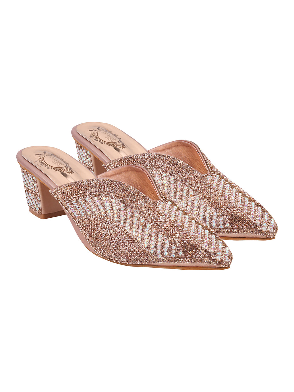 Radiant Rose-Gold Crystal-Encrusted Block Mules For Women & Girls