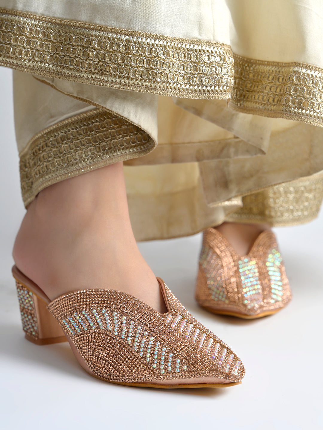 Radiant Rose-Gold Crystal-Encrusted Block Mules For Women & Girls