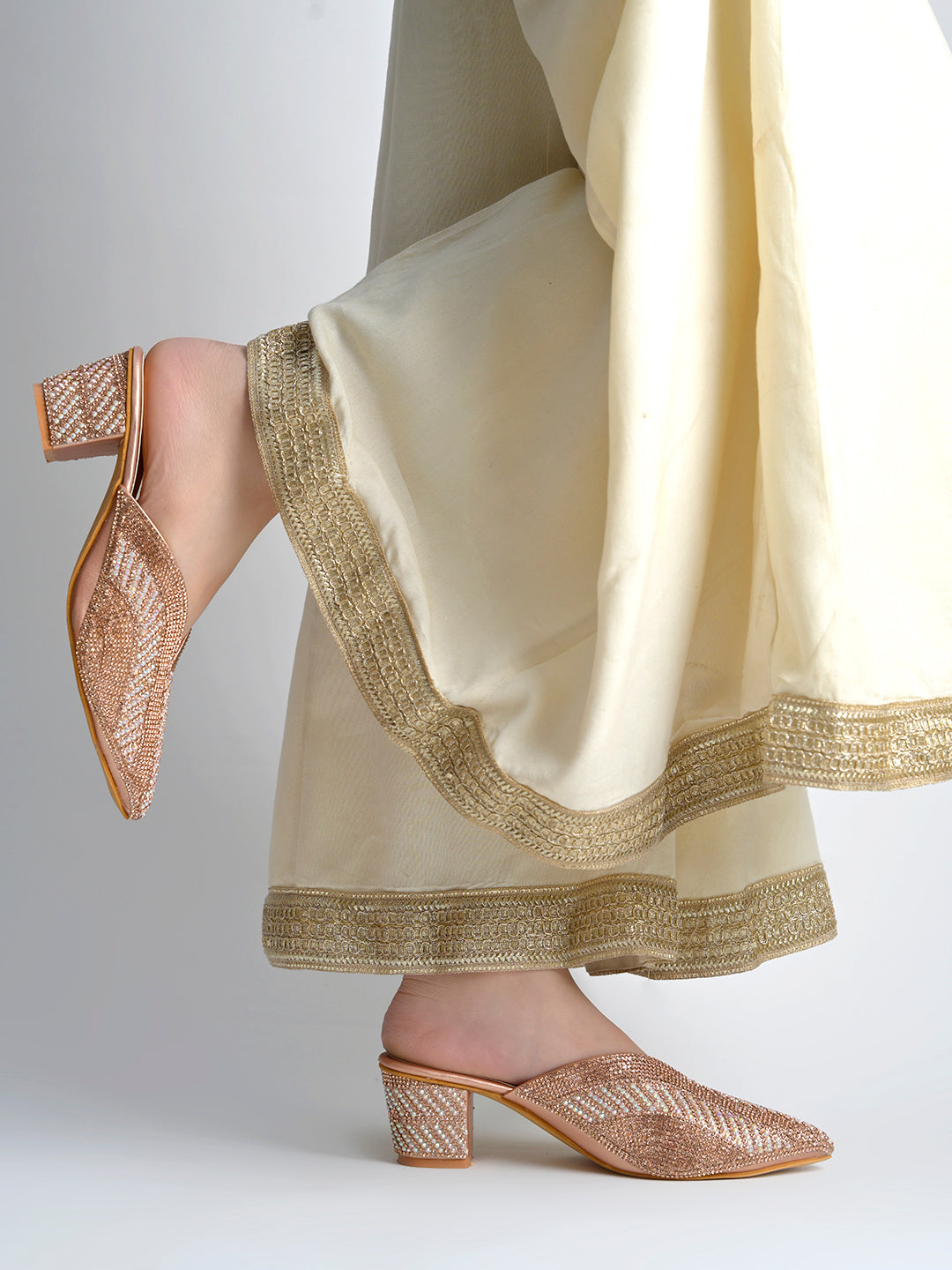 Radiant Rose-Gold Crystal-Encrusted Block Mules For Women & Girls