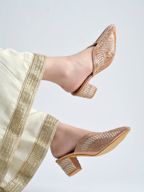 Radiant Rose-Gold Crystal-Encrusted Block Mules For Women & Girls