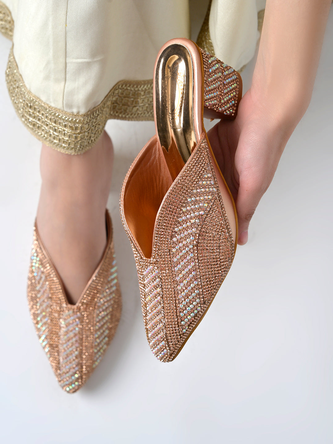 Radiant Rose-Gold Crystal-Encrusted Block Mules For Women & Girls