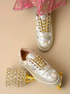 Golden Sequin Embellished Platform Sneakers | Stylish Chunky Fashion Lace-Ups